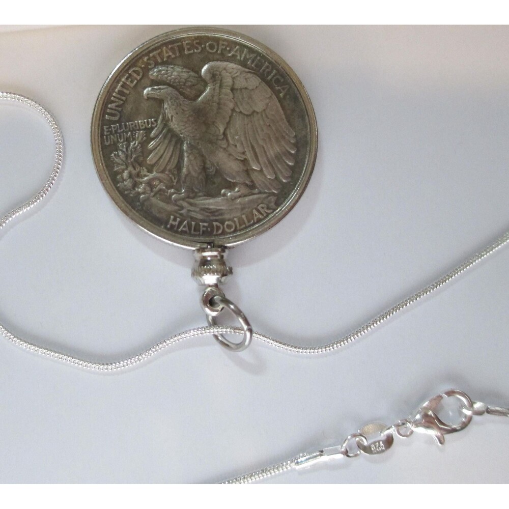 24"sterling silver necklace with coin bezel Walking Liberty Half Dollar - Picture 3 of 5